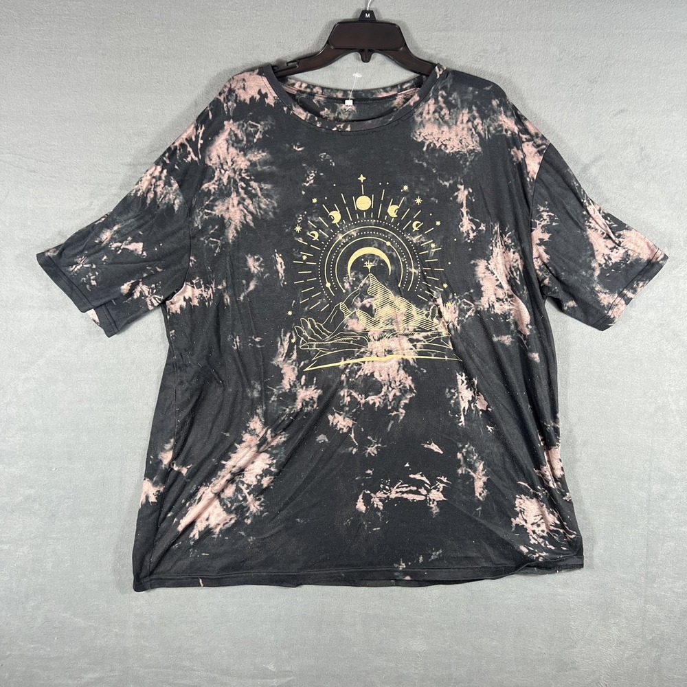 Women's 2XL Black Pink Bleach Tie Dye Celestial Graphic T-Shirt Plus‎ Size Top